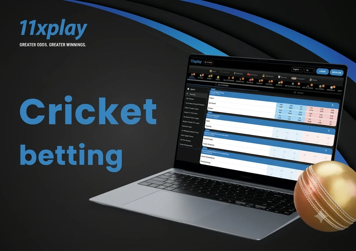 Cricket bat and ball beside a laptop showing a sports fixture page.