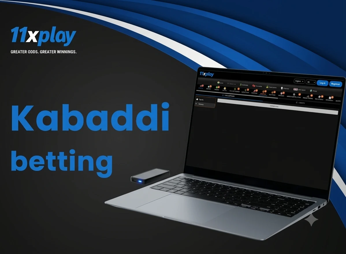 Laptop displaying kabaddi match information with a kabaddi ball and sports equipment nearby.