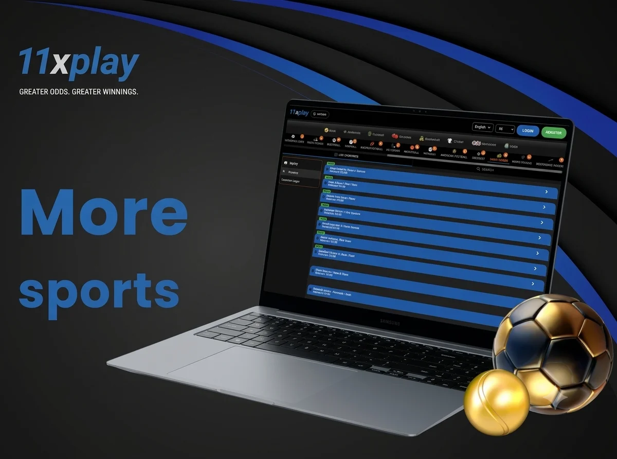 Laptop showing a variety of sports categories with tennis and football equipment on a desk.